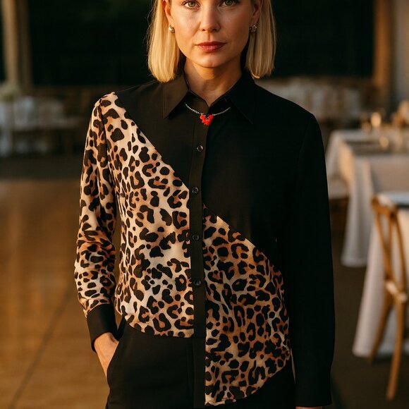 Over Apparel Tops - Woman's Over Apparel Blouse Leopard Print Loose Fit Formal Casual Size Small